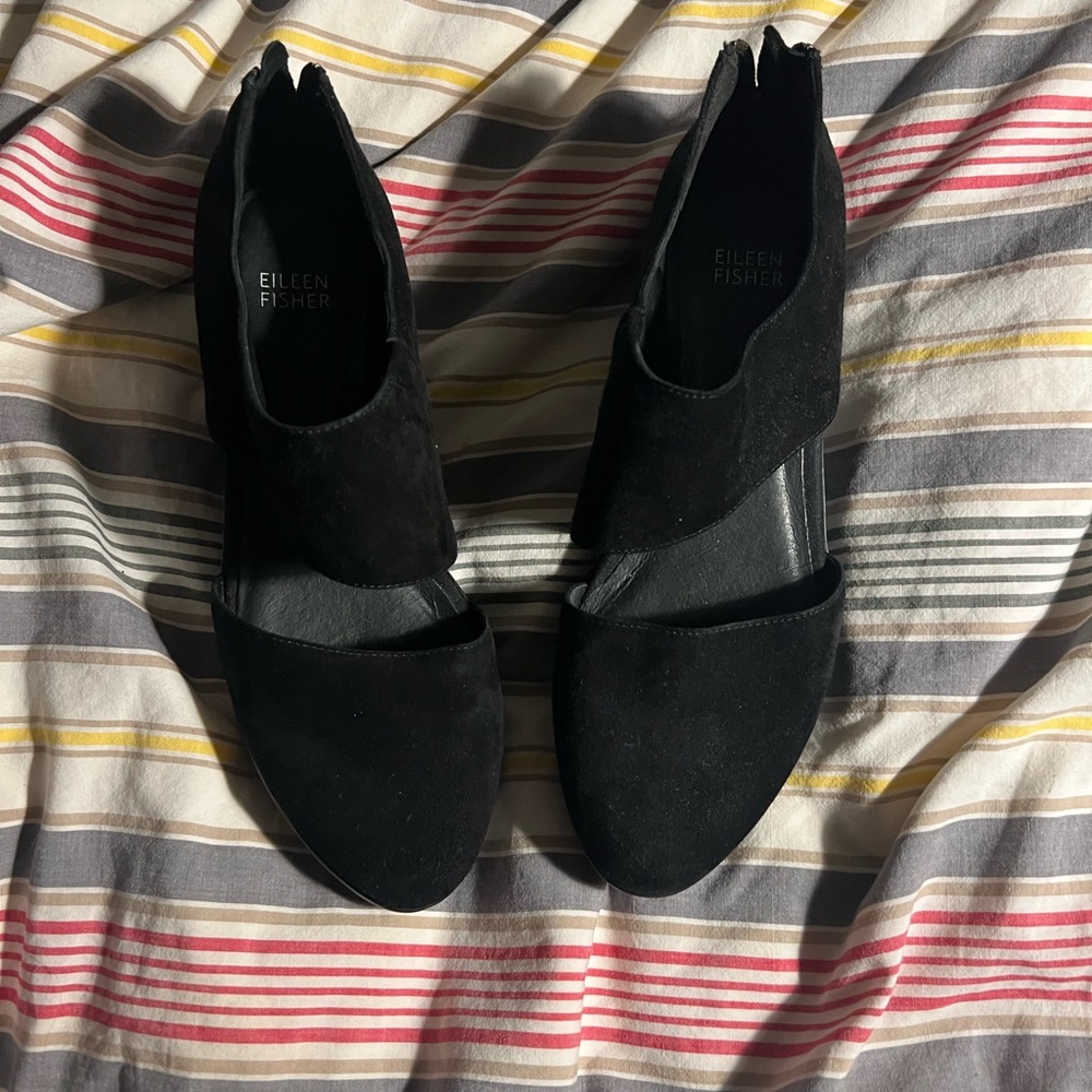 Eileen Fisher Womens 8.5 Suede Leather Platform Wedge Black Sandals  New.